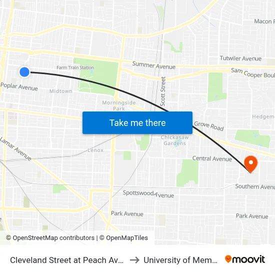 Cleveland Street at Peach Avenue to University of Memphis map