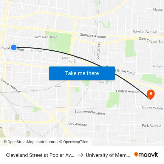 Cleveland Street at Poplar Avenue to University of Memphis map