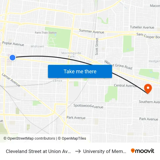 Cleveland Street at Union Avenue to University of Memphis map