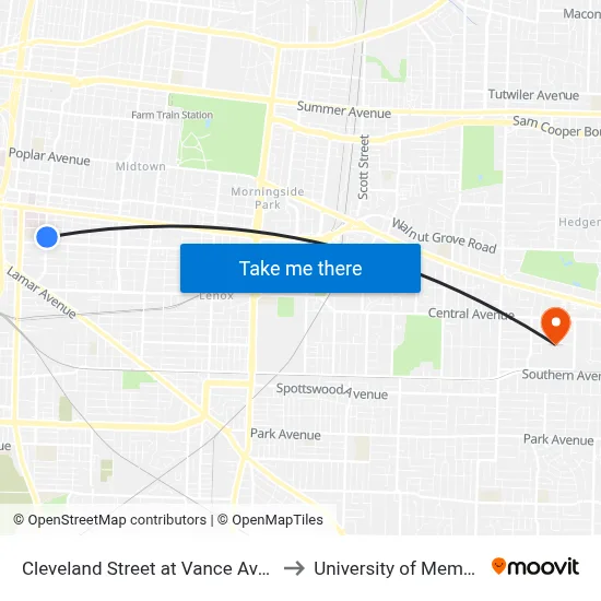 Cleveland Street at Vance Avenue to University of Memphis map