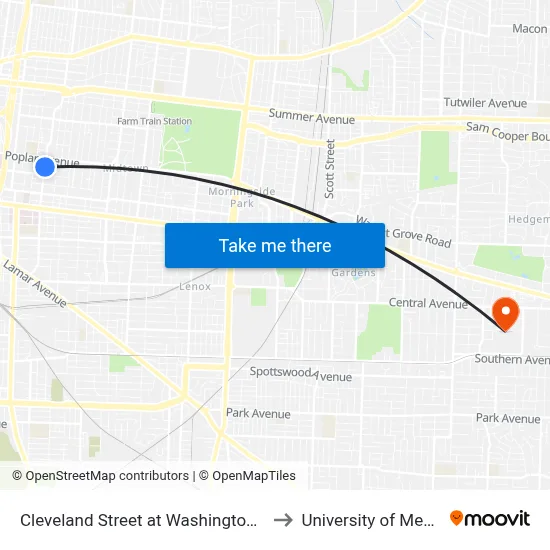 Cleveland Street at Washington Avenue to University of Memphis map