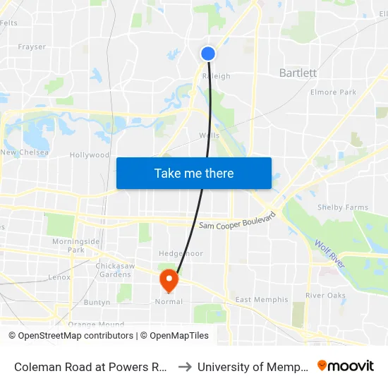 Coleman Road at Powers Road to University of Memphis map