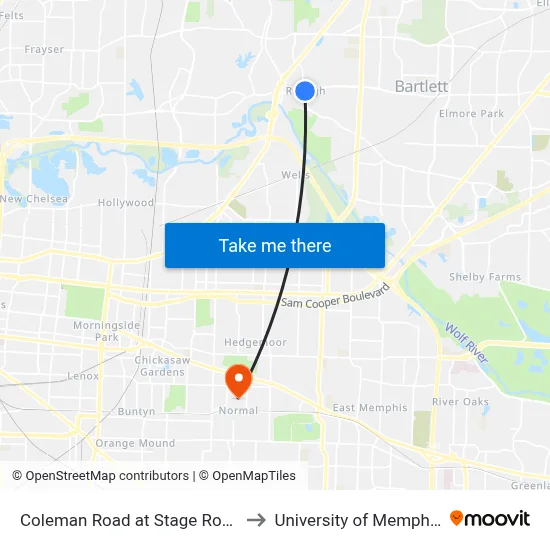 Coleman Road at Stage Road to University of Memphis map