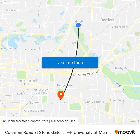 Coleman Road at Stone Gate Drive to University of Memphis map