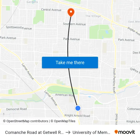 Comanche Road at Getwell Road to University of Memphis map