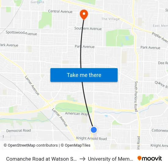 Comanche Road at Watson Street to University of Memphis map