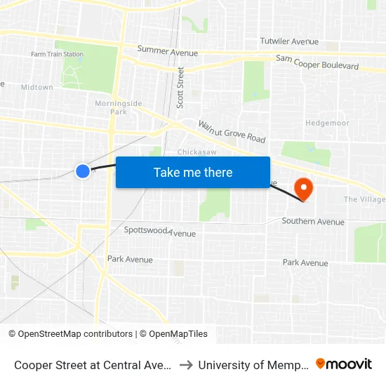 Cooper Street at Central Avenue to University of Memphis map