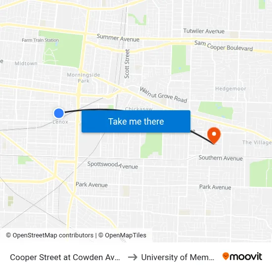 Cooper Street at Cowden Avenue to University of Memphis map