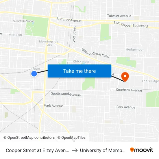 Cooper Street at Elzey Avenue to University of Memphis map