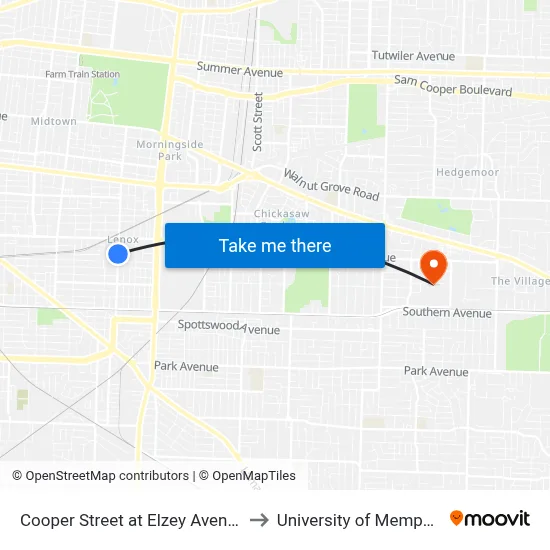 Cooper Street at Elzey Avenue to University of Memphis map