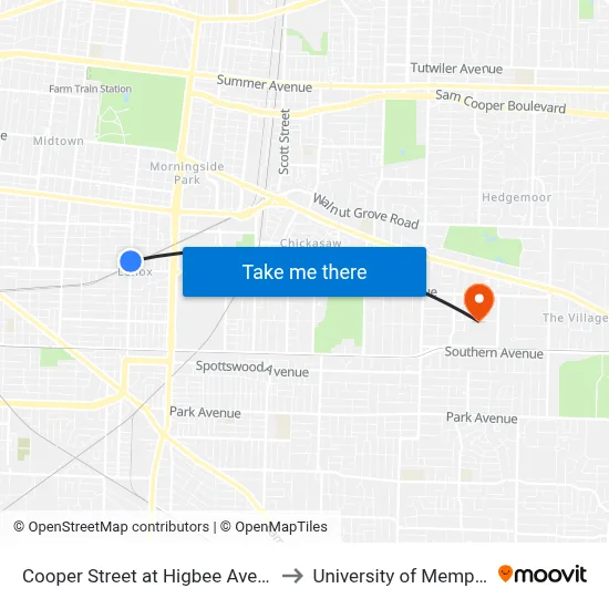 Cooper Street at Higbee Avenue to University of Memphis map