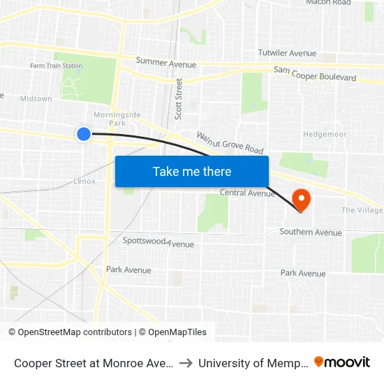 Cooper Street at Monroe Avenue to University of Memphis map