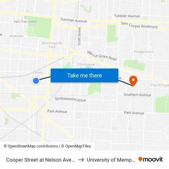 Cooper Street at Nelson Avenue to University of Memphis map