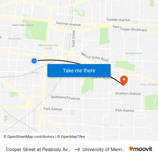 Cooper Street at Peabody Avenue to University of Memphis map