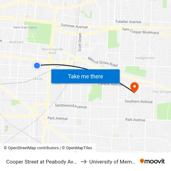 Cooper Street at Peabody Avenue to University of Memphis map