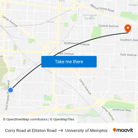 Corry Road at Elliston Road to University of Memphis map