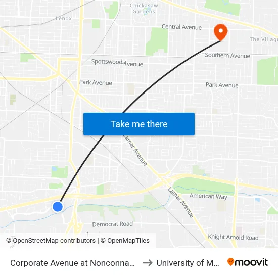 Corporate Avenue at Nonconnah Boulevard to University of Memphis map