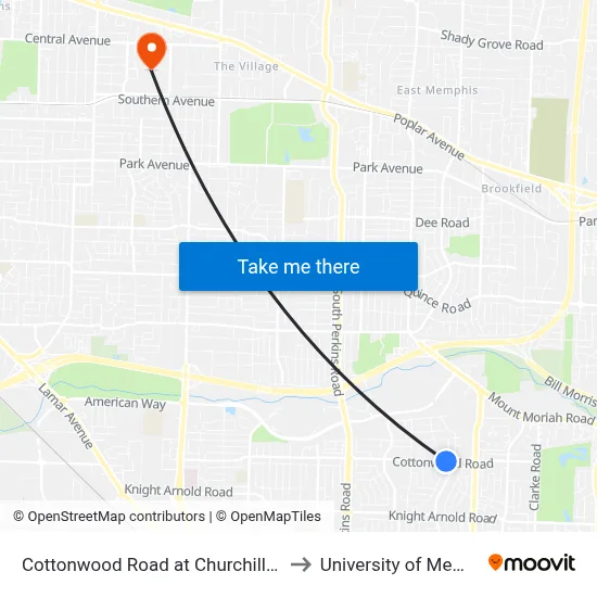 Cottonwood Road at Churchill Street to University of Memphis map