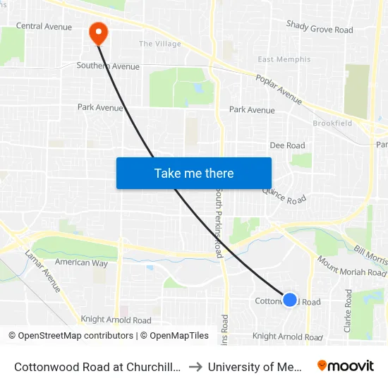Cottonwood Road at Churchill Street to University of Memphis map