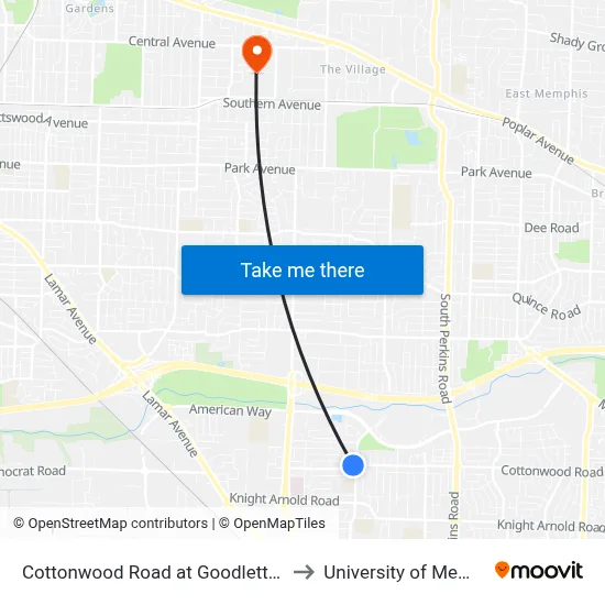Cottonwood Road at Goodlett Street to University of Memphis map