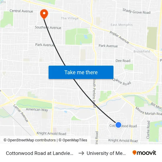 Cottonwood Road at Landview Cove to University of Memphis map