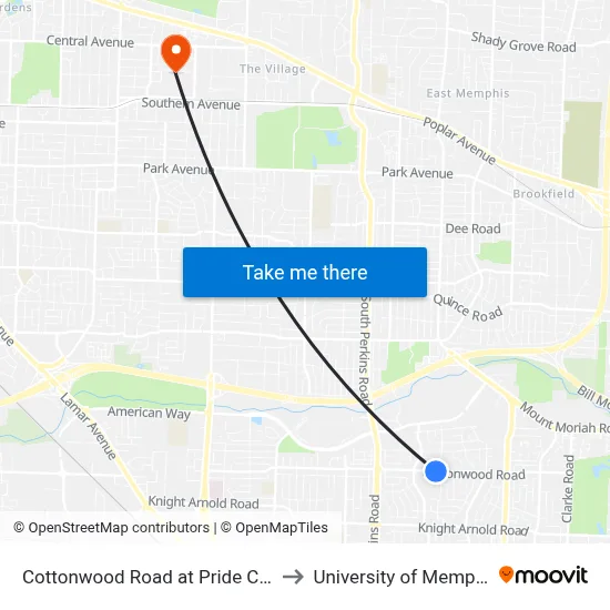 Cottonwood Road at Pride Cove to University of Memphis map
