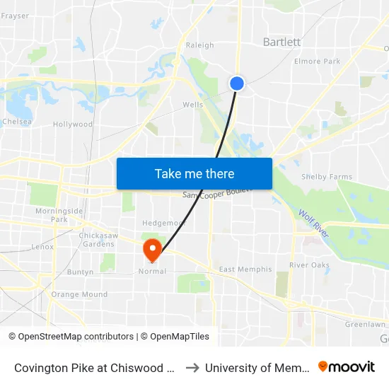 Covington Pike at Chiswood Street to University of Memphis map
