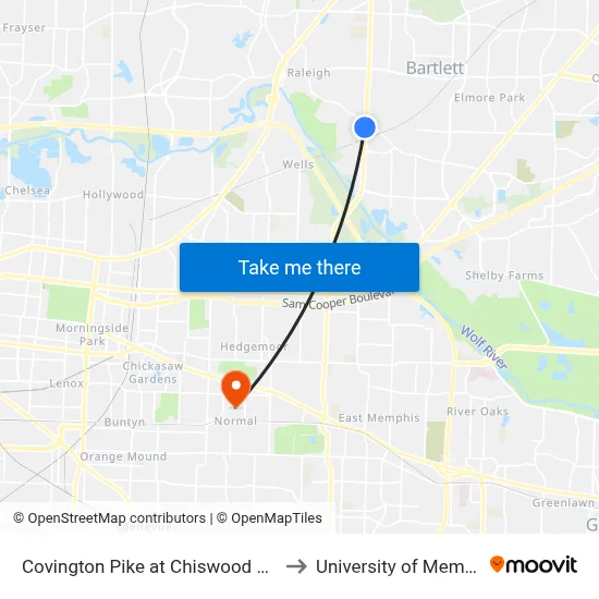 Covington Pike at Chiswood Street to University of Memphis map