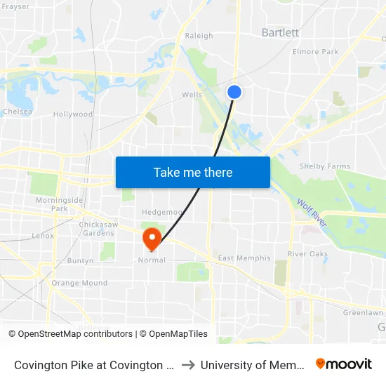 Covington Pike at Covington Way to University of Memphis map