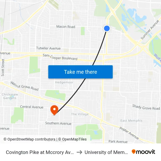 Covington Pike at Mccrory Avenue to University of Memphis map
