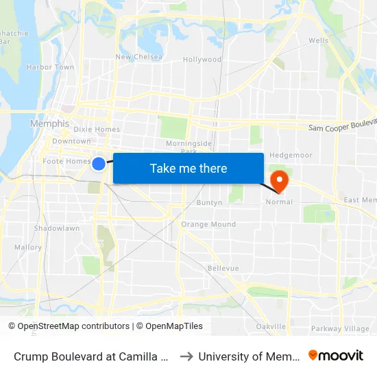 Crump Boulevard at Camilla Street to University of Memphis map