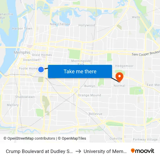 Crump Boulevard at Dudley Street to University of Memphis map