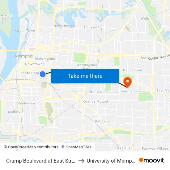 Crump Boulevard at East Street to University of Memphis map