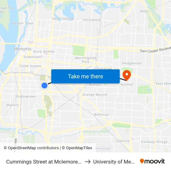 Cummings Street at Mclemore Avenue to University of Memphis map