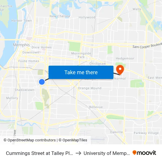 Cummings Street at Talley Place to University of Memphis map