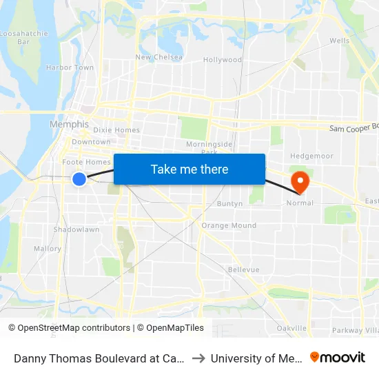 Danny Thomas Boulevard at Carolina Ave to University of Memphis map