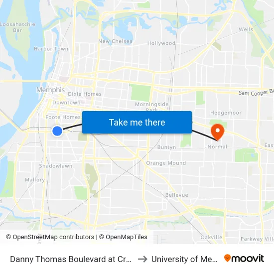 Danny Thomas Boulevard at Crump Blvd to University of Memphis map