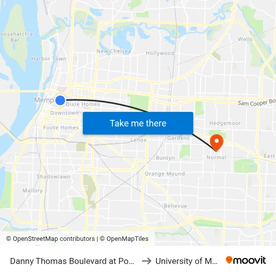 Danny Thomas Boulevard at Poplar Avenue to University of Memphis map