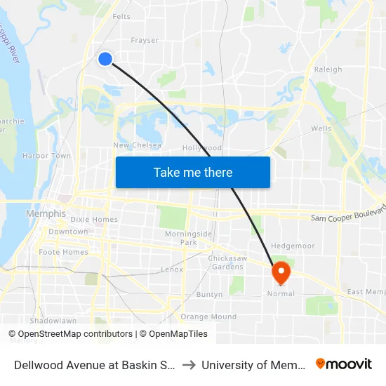 Dellwood Avenue at Baskin Street to University of Memphis map