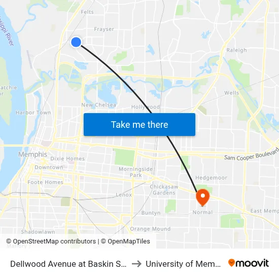 Dellwood Avenue at Baskin Street to University of Memphis map