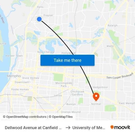 Dellwood Avenue at Canfield Avenue to University of Memphis map