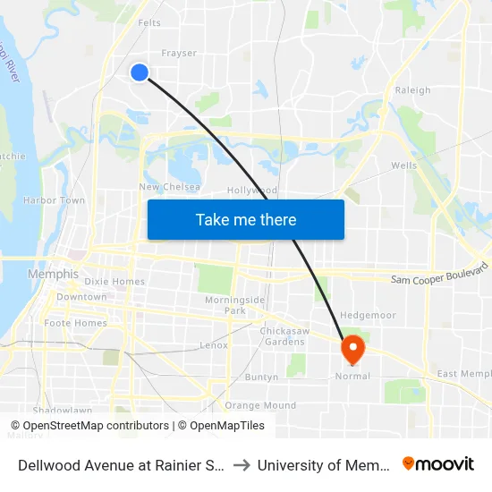 Dellwood Avenue at Rainier Street to University of Memphis map