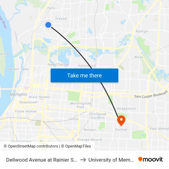 Dellwood Avenue at Rainier Street to University of Memphis map