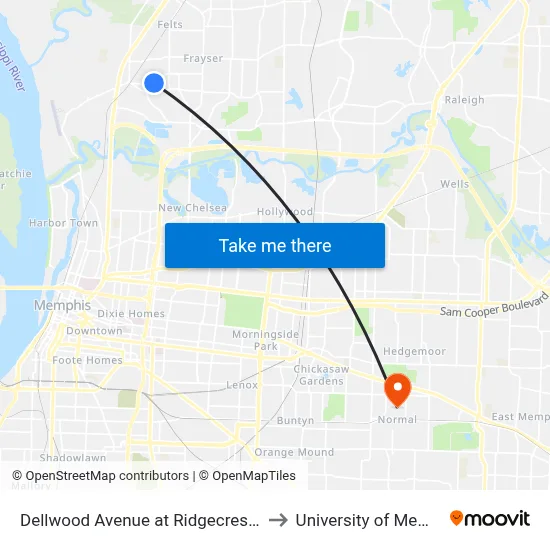 Dellwood Avenue at Ridgecrest Road to University of Memphis map
