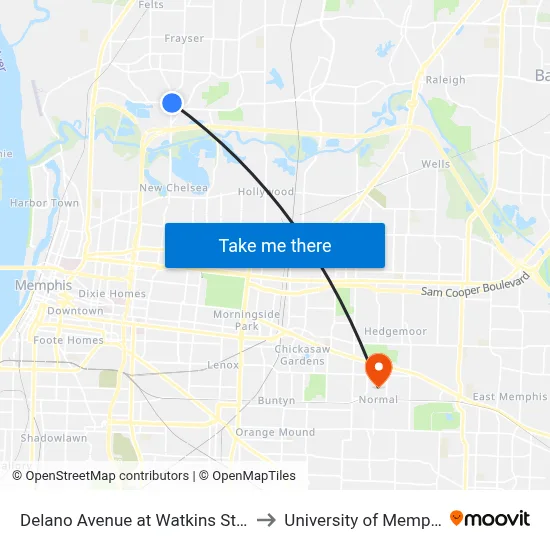 Delano Avenue at Watkins Street to University of Memphis map