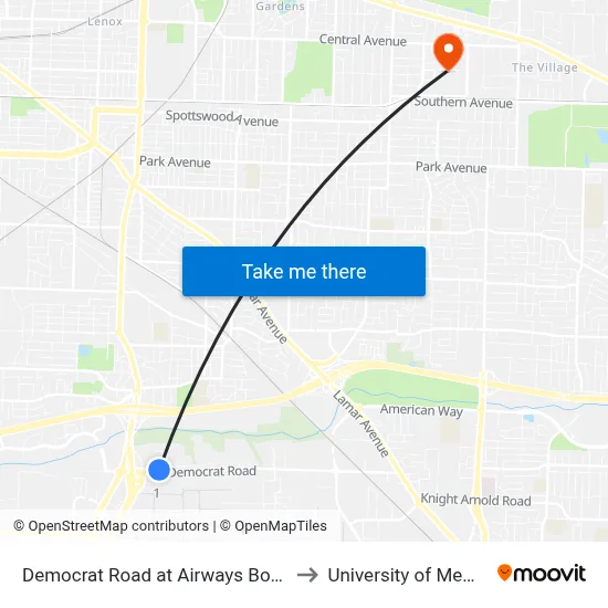 Democrat Road at Airways Boulevard to University of Memphis map