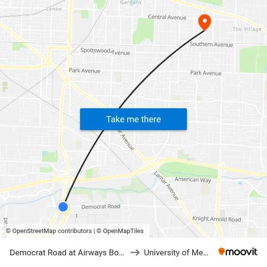 Democrat Road at Airways Boulevard to University of Memphis map