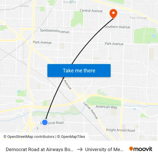 Democrat Road at Airways Boulevard to University of Memphis map