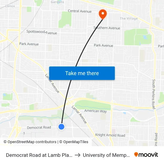 Democrat Road at Lamb Place to University of Memphis map