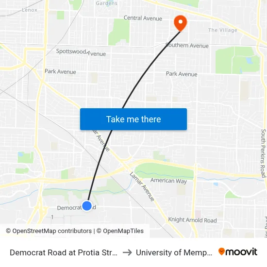 Democrat Road at Protia Street to University of Memphis map
